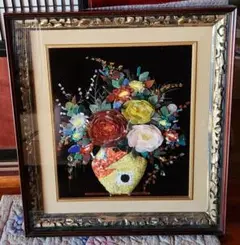貴石画　俊若　宝石画　薔薇額絵　昭和レトロ　アンティーク　ストーンアート　額絵 ストーンアート 手工芸 美術品 石細工 貴石画 天然石 花 額縁 石