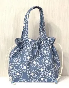 最終価格SALE ハンドメイド　巾着トートバッグ　ブルー系　椿　花柄
