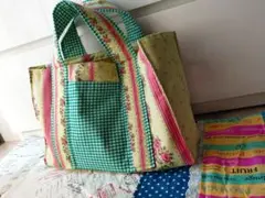 《ハンドメイド商品》フランス輸入生地 ストライプ薔薇 トートバッグ