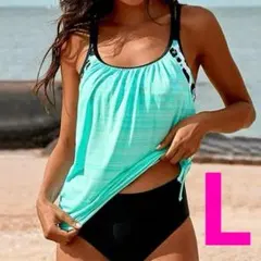 タンキニ フィットネス水着 グリーン L 体型カバー レディース スイムウエア