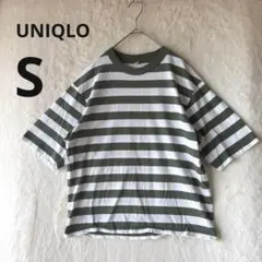 美品 UNIQLO メンズ S グリーン オーバーサイズ ボーダー 半袖Tシャツ