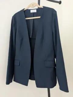 PLST　リネン混じり　ノーカラージャケット　ネイビー　M