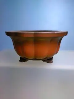 オレンジ色の陶器製、小品盆栽鉢