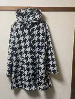 ハウンドトゥース柄 フード付きウールコート