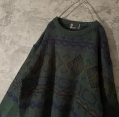 【ダークグリーン 総柄 ニットセーター】日本製 M〜 H2O レトロ 古着