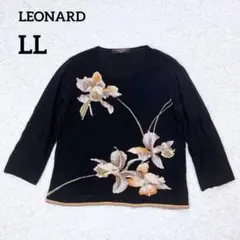 LEONARD 花柄 ストーン 七分袖 ニットカットソー 黒 LL シルク混のサムネイル