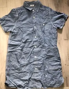 刺繍糸入りロング丈デニム半袖シャツブルー