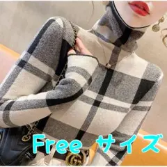 チェック柄 タートルネックトップス ブラック セーター ハイネック ニット