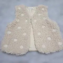 美品♥️mamaraku　ママラク　花柄ベスト　ボア　100cm　ベージュ