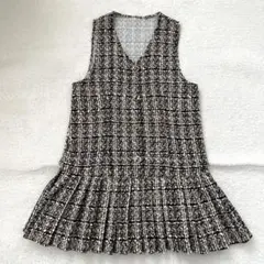 ツイード ミニワンピース チュニック ノースリーブ 厚手 ベージュ系 プリーツ