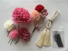 和装髪飾り7点セット ピンク色　花モチーフ