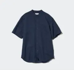 UNIQLO　ユニクロ　リネンコットンスタンドカラーシャツ半袖　ネイビー