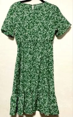SHEIN レトロ美品✨花柄 半袖ワンピース 【L】緑レディース古着