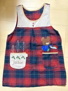 くまのがっこう　保育士エプロン　赤　チェック柄