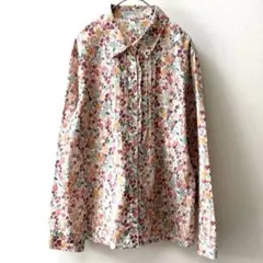 美品 洗える ロブジェ 花柄 長袖シャツ 綿100 フリル ピンタック ピンクのサムネイル