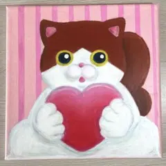 ゆるねこ原画　キャンバスボード　オイルパステル　「ハートとココ」 ハートいっぱい白猫さん】F3キャンバス 絵画 イラスト 猫絵 猫 白猫
