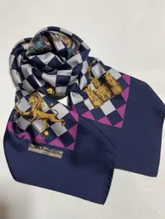 【美品】LANCEL シルク100%スカーフ 大判 市松模様 ネイビー グレーのサムネイル