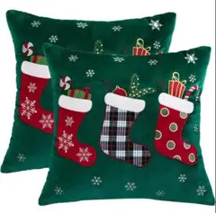 16【クリスマス】クッションカバー 2枚セット 緑 ソックス 刺繍風プリント