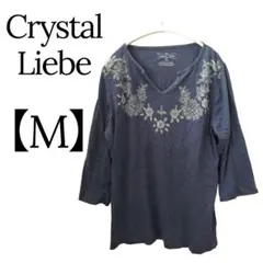 1点物✨Crystal Liebe 【M】ダークブルー Vネック Tシャツ 花柄