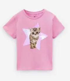 【美品】H&M キッズTシャツ 子猫プリント スパンコール ピンク 140cm