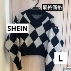 SHEIN アーガイル柄 Vネック ニット セーター 長袖 ブラック ホワイト