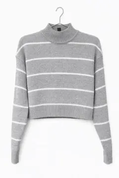 H&M DIVIDED ニット XS グレー ボーダー ハイネック ショート丈