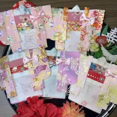 リボン付きの女の子の羽織りの着物のぽち袋セット