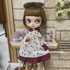 ネオブライスアウトフィット♡赤チェックのフリルロングワンピ＆苺のエプロンセット♪