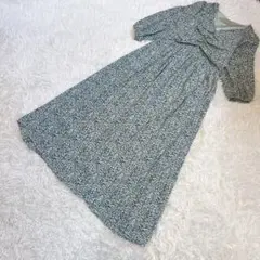 【美品】vis フロントギャザー花柄ワンピース　ウエストゴム　七分袖　グリーンF