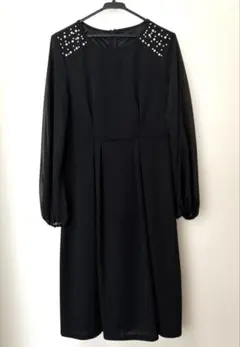 【美品】パールデザイン シフォンワンピース L 黒 冠婚葬祭 フォーマル 礼服