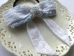 水色リボンのヘアゴム　レース　かぎ針編み