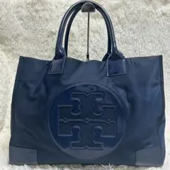 美品✨トリーバーチ トートバッグ エラ エナメル デカロゴ 大容量 A4可 紺