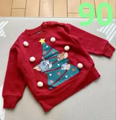 トムアンドジェリー　赤ツリーポンポン付き　裏起毛　クリスマストレーナー　90美品