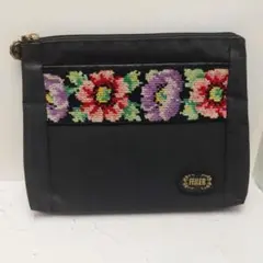 FEILER 花柄刺繍 ポーチ ブラック