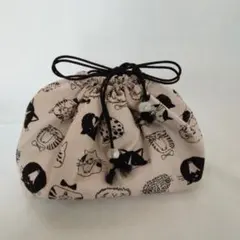 お弁当用巾着袋　生成り猫　巾長タイプ 紺色花柄おまとめ