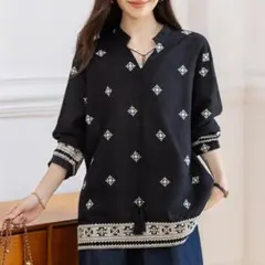 ラス1　新品大きいサイズ花柄刺繍Vネック長袖レトロプルオーバートップス秋冬✨