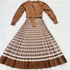 千鳥柄ニットワンピース ベルト付き