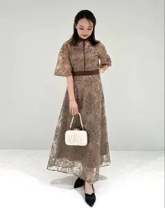 leja スパンコール花柄刺繍プチハイネックAラインワンピース ブラウン　M