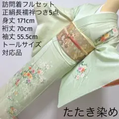 402 訪問着フルセット 正絹 黄緑 ミントグリーン たたき染め 長身さん