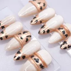 【602】ネイルチップSサイズ レオパードフレンチ ベージュ リング マグネット