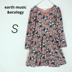 earth✨長袖ニット ミニ フレア ワンピース 花柄 ピンク【S】c8018