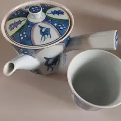 急須と湯呑み3個セット 青い鹿と家の模様