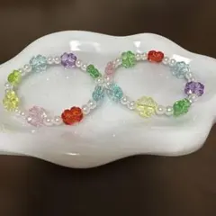 カラフル花モチーフパールブレスレット2個セット