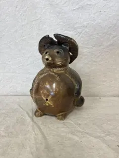 茶道具 香合 備前焼 陶正園 木村陶峰作 干支香合 俵鼠香合 美品