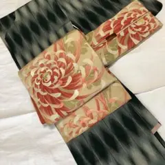 アンティーク　昼夜帯　菊刺繍　鳥百合片喰模様　大正ロマン　366.5×29.7㎝