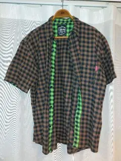 STUSSY 半袖シャツ JUMBO ブラウン・グリーン(黄緑)チェック