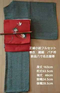 正絹小紋フルセット　縮緬　バチ衿　単衣秋コーデ　新品未使用八寸名古屋帯のサムネイル
