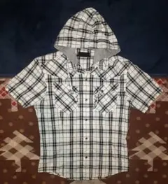 A.S.M. フード付き半袖シャツ 白黒チェック