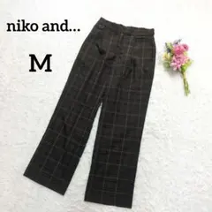 ニコアンド　チェック柄カジュアルストレートパンツ　ウエストゴム　M　茶色7021