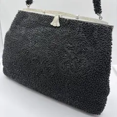 昭和レトロ ビーズバッグ 刺繍 花柄 黒 シルバー金具 和装 洋装 総ビーズ